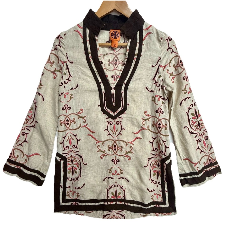 Tory Burch Linen Embroidered Tunic Top Womens 4 Boho Resort Blouse Pink Brown
